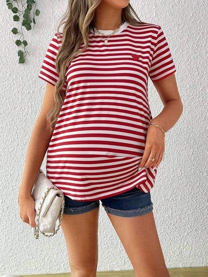 Maternity Stripe T-Shirt - Short Sleeve Embroidered Heart Round Neck Loose Fit, Blue Casual