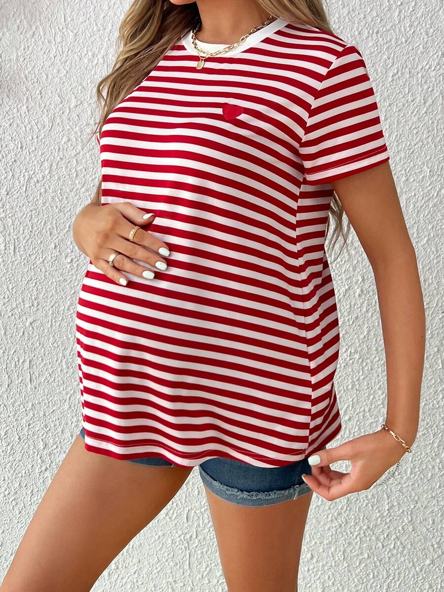 Maternity Stripe T-Shirt - Short Sleeve Embroidered Heart Round Neck Loose Fit, Blue Casual