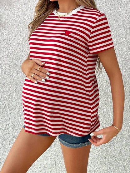 Maternity Stripe T-Shirt - Short Sleeve Embroidered Heart Round Neck Loose Fit, Blue Casual