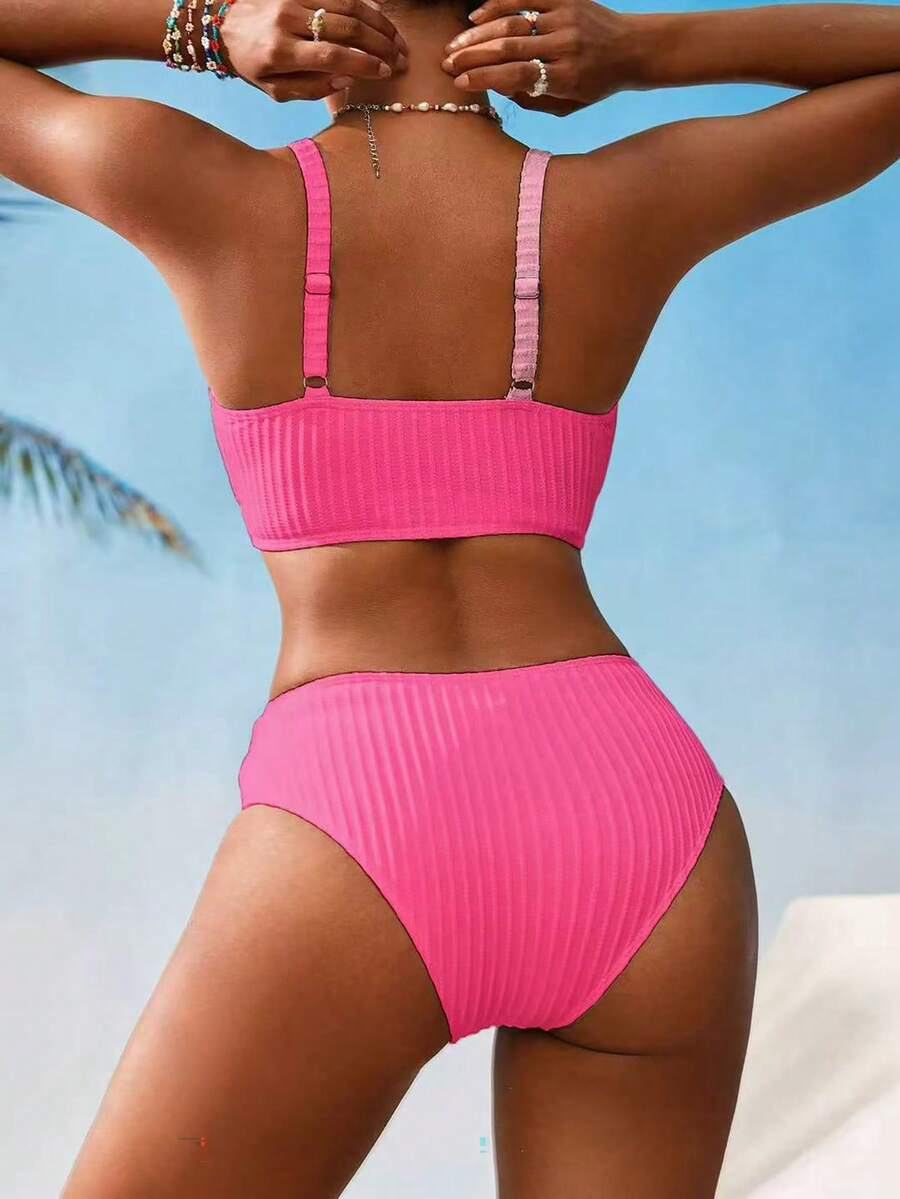 Swim Vcay Women V-Neck Textured Striped Bikini Set For Summer Beach Vacation