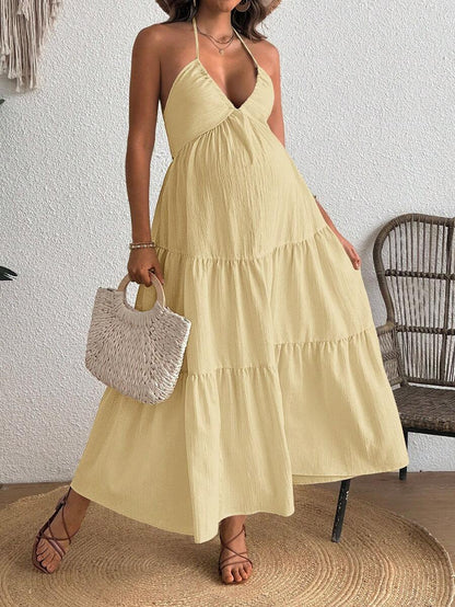 Cherish Maternity Solid Color Backless Maxi Maternity Dress Elegant Sleeveless V Neck Slim Fit Flowy Summer Gown Black