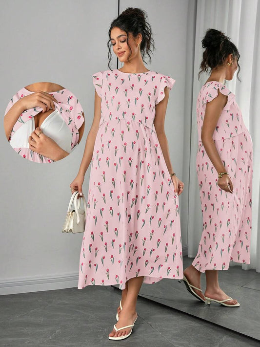 Maternity Floral Nursing Midi Dress - Round Neck, Flounce Shoulder, Flared Hem, Baby Pink