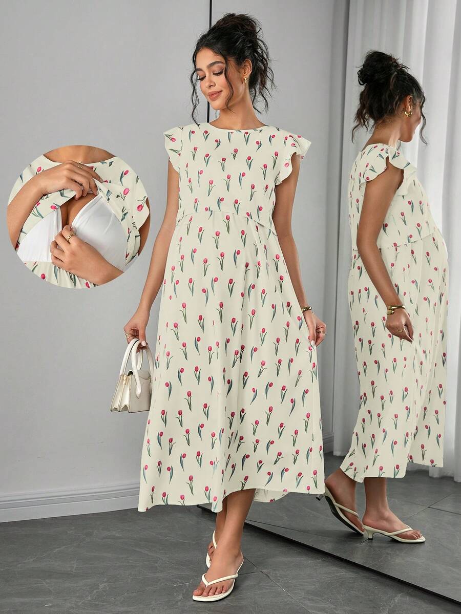 Maternity Floral Nursing Midi Dress - Round Neck, Flounce Shoulder, Flared Hem, Baby Pink