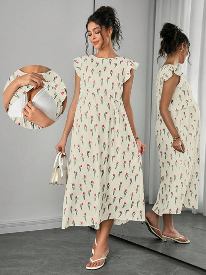 Maternity Floral Nursing Midi Dress - Round Neck, Flounce Shoulder, Flared Hem, Baby Pink