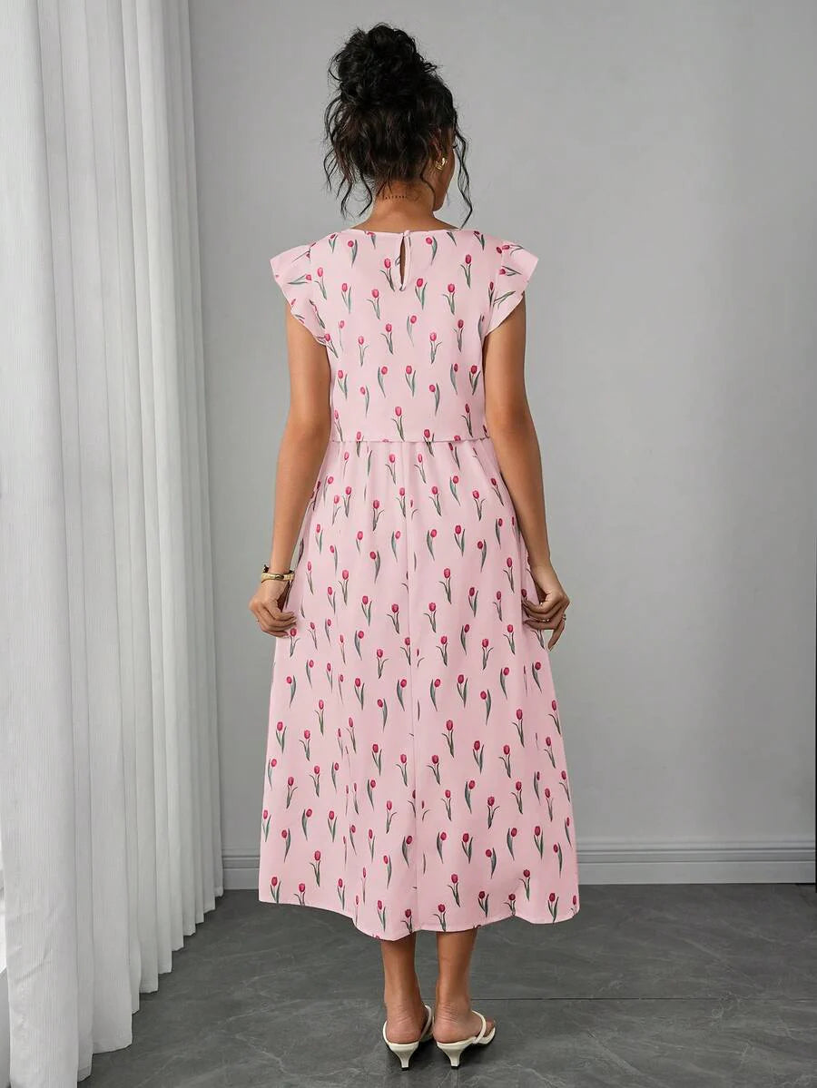 Maternity Floral Nursing Midi Dress - Round Neck, Flounce Shoulder, Flared Hem, Baby Pink