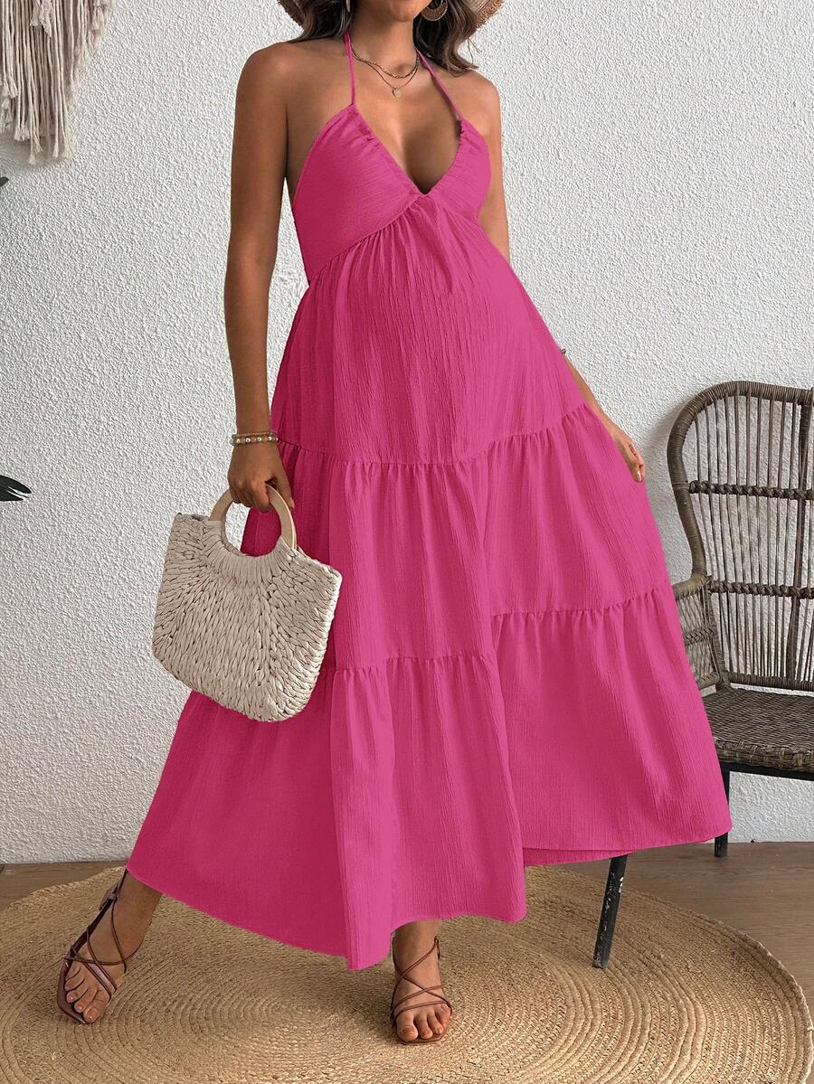 Cherish Maternity Solid Color Backless Maxi Maternity Dress Elegant Sleeveless V Neck Slim Fit Flowy Summer Gown Black