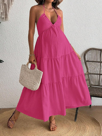 Cherish Maternity Solid Color Backless Maxi Maternity Dress Elegant Sleeveless V Neck Slim Fit Flowy Summer Gown Black
