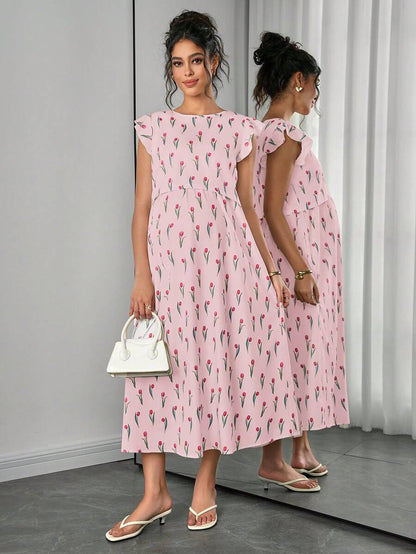 Maternity Floral Nursing Midi Dress - Round Neck, Flounce Shoulder, Flared Hem, Baby Pink