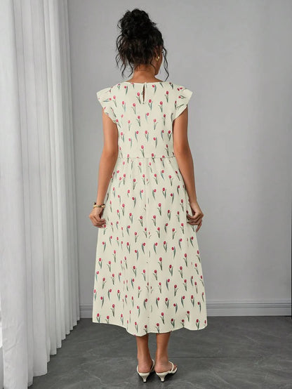 Maternity Floral Nursing Midi Dress - Round Neck, Flounce Shoulder, Flared Hem, Baby Pink