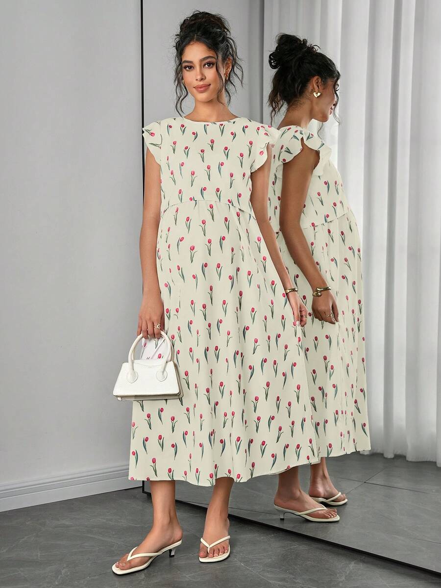 Maternity Floral Nursing Midi Dress - Round Neck, Flounce Shoulder, Flared Hem, Baby Pink