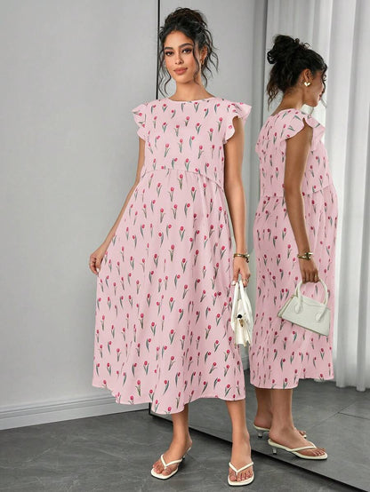 Maternity Floral Nursing Midi Dress - Round Neck, Flounce Shoulder, Flared Hem, Baby Pink