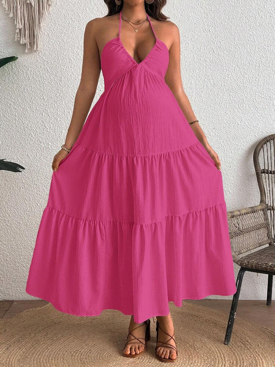 Cherish Maternity Solid Color Backless Maxi Maternity Dress Elegant Sleeveless V Neck Slim Fit Flowy Summer Gown Black