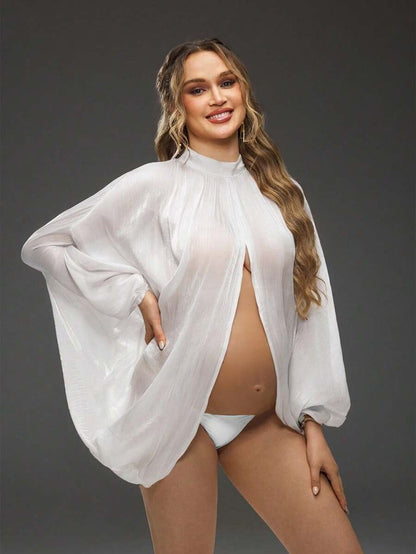 Maternity Maternity Spring/Summer Solid Color Batwing Sleeve Loose Front & Back Slit Photoshoot Blouse