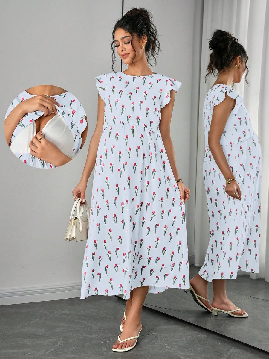 Maternity Floral Nursing Midi Dress - Round Neck, Flounce Shoulder, Flared Hem, Baby Pink