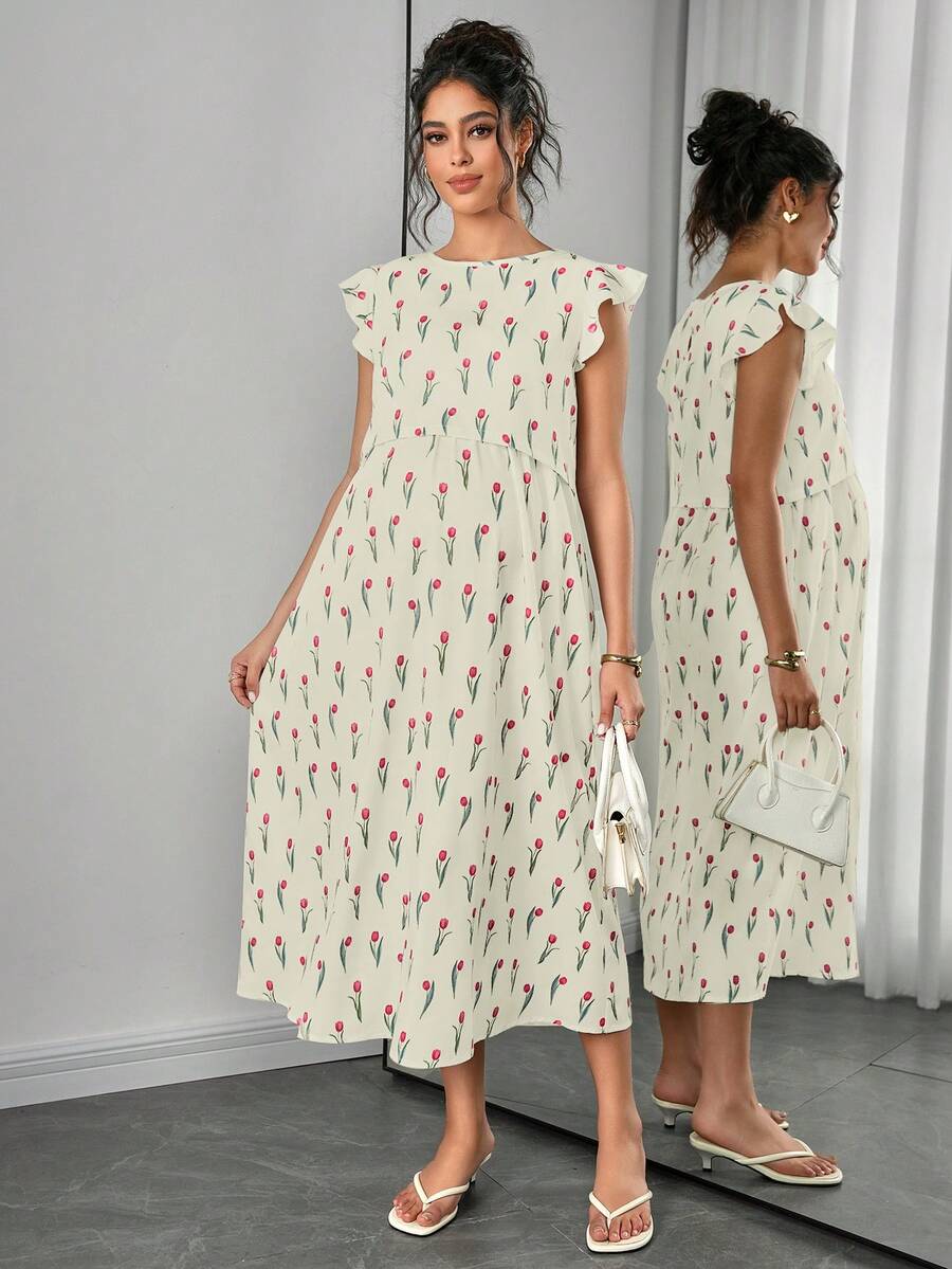 Maternity Floral Nursing Midi Dress - Round Neck, Flounce Shoulder, Flared Hem, Baby Pink