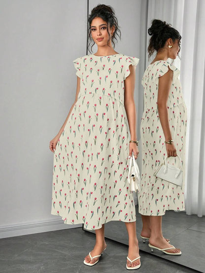 Maternity Floral Nursing Midi Dress - Round Neck, Flounce Shoulder, Flared Hem, Baby Pink