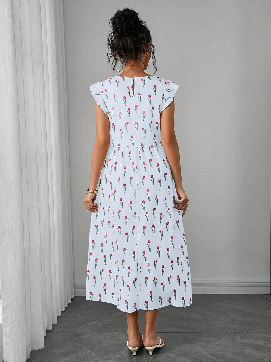Maternity Floral Nursing Midi Dress - Round Neck, Flounce Shoulder, Flared Hem, Baby Pink
