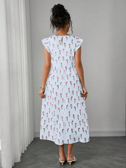Maternity Floral Nursing Midi Dress - Round Neck, Flounce Shoulder, Flared Hem, Baby Pink