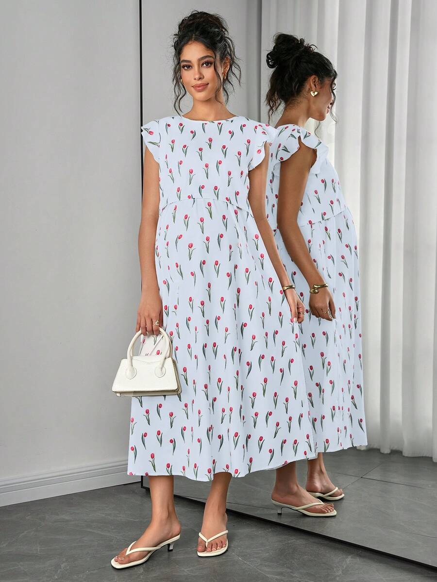 Maternity Floral Nursing Midi Dress - Round Neck, Flounce Shoulder, Flared Hem, Baby Pink