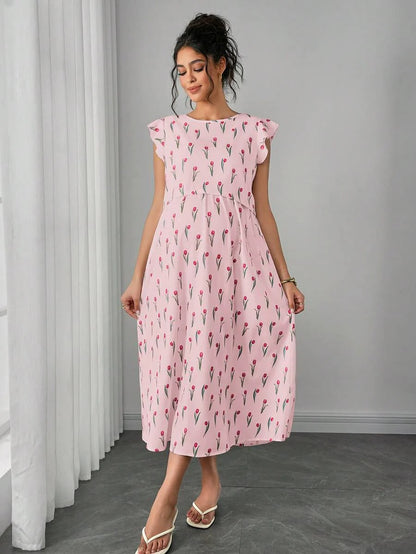 Maternity Floral Nursing Midi Dress - Round Neck, Flounce Shoulder, Flared Hem, Baby Pink