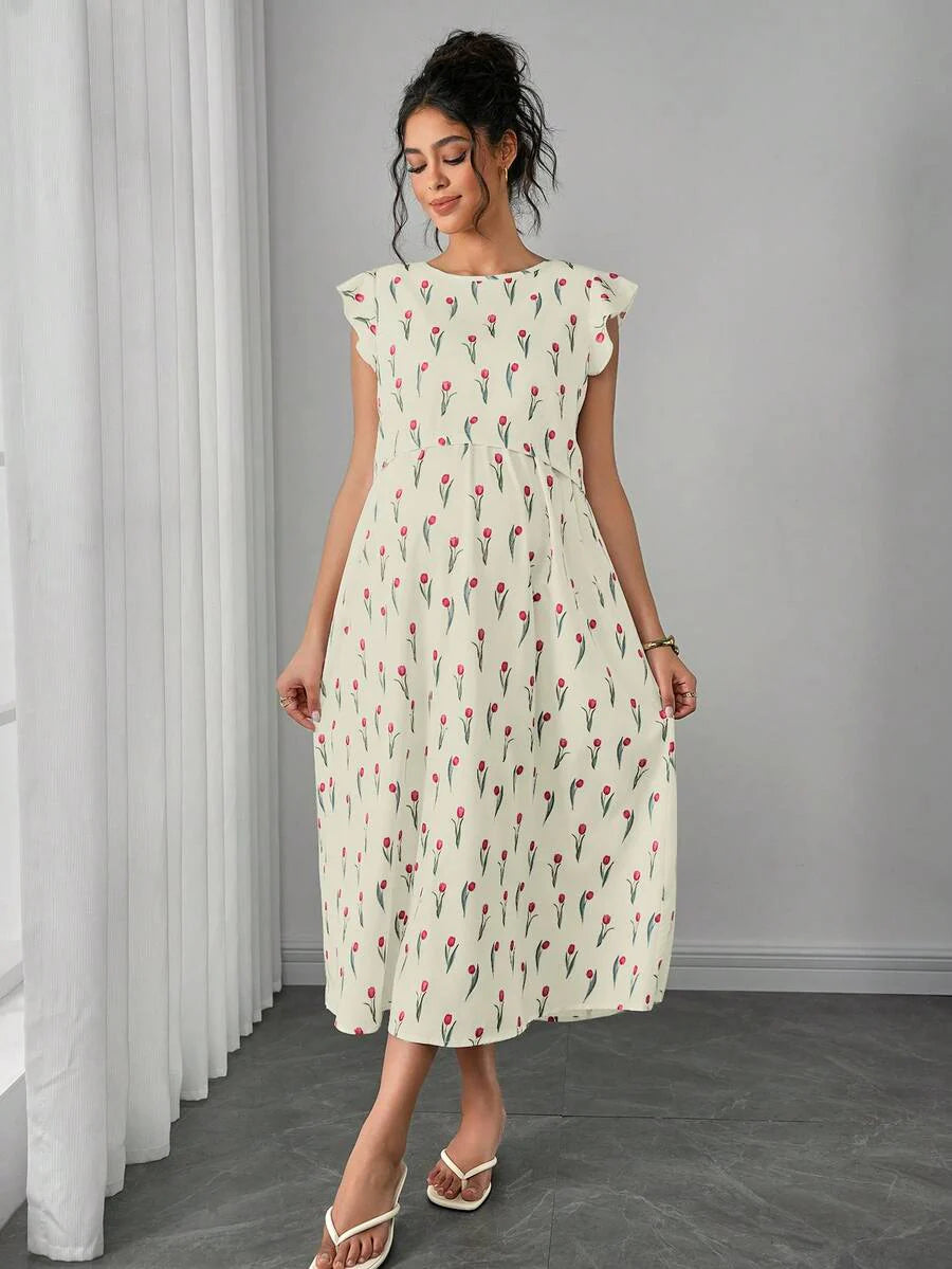 Maternity Floral Nursing Midi Dress - Round Neck, Flounce Shoulder, Flared Hem, Baby Pink