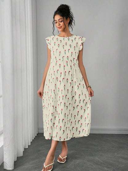 Maternity Floral Nursing Midi Dress - Round Neck, Flounce Shoulder, Flared Hem, Baby Pink