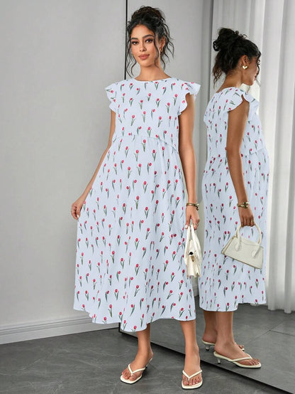 Maternity Floral Nursing Midi Dress - Round Neck, Flounce Shoulder, Flared Hem, Baby Pink