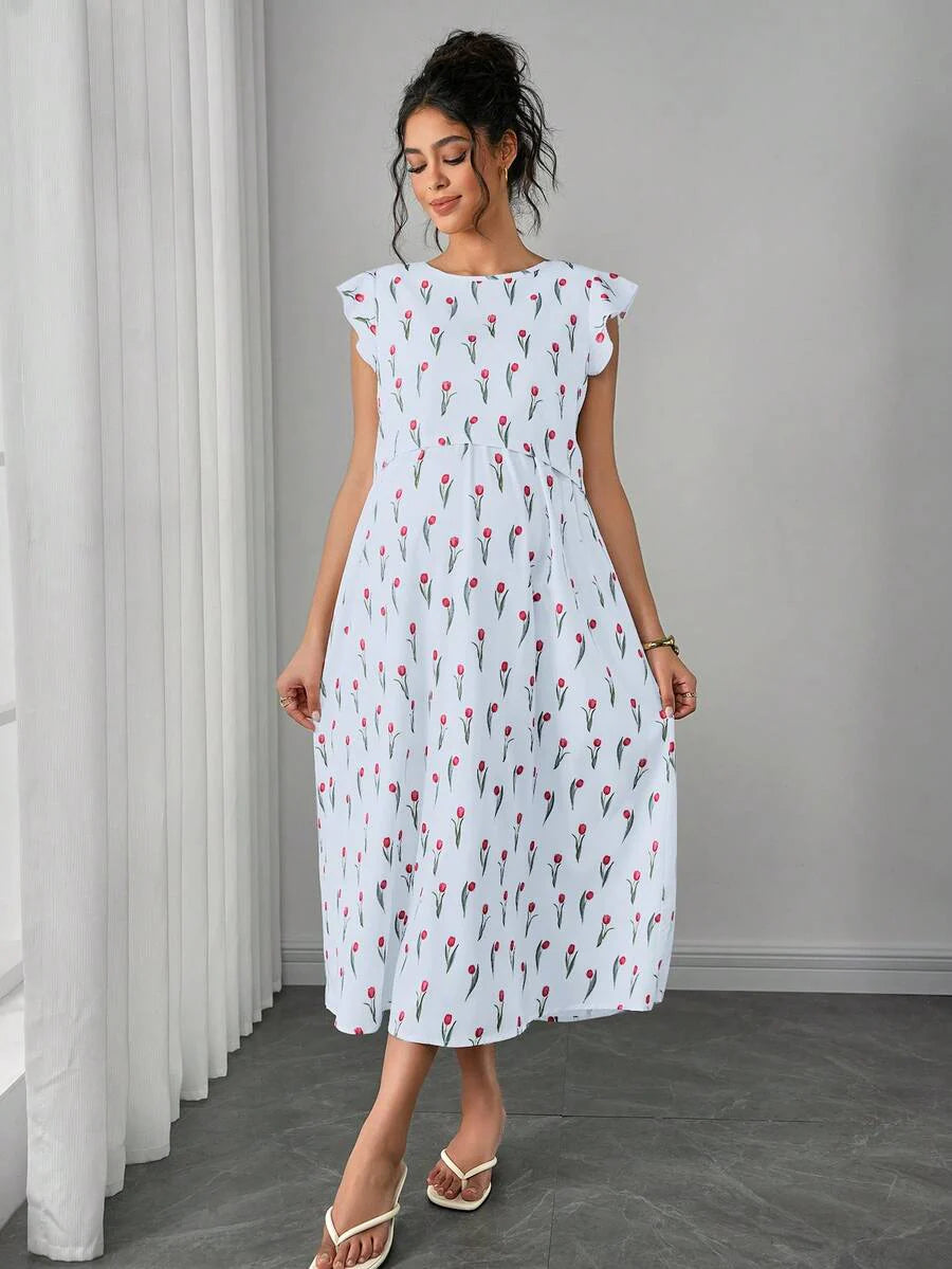 Maternity Floral Nursing Midi Dress - Round Neck, Flounce Shoulder, Flared Hem, Baby Pink