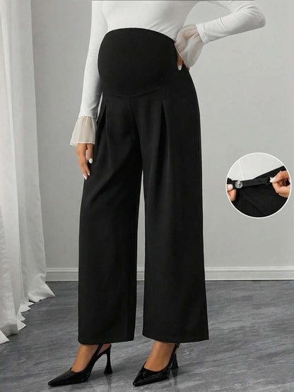 Maternity Straight Leg Pants - Adjustable Natural Waist, Loose Fit, Elegant, Black