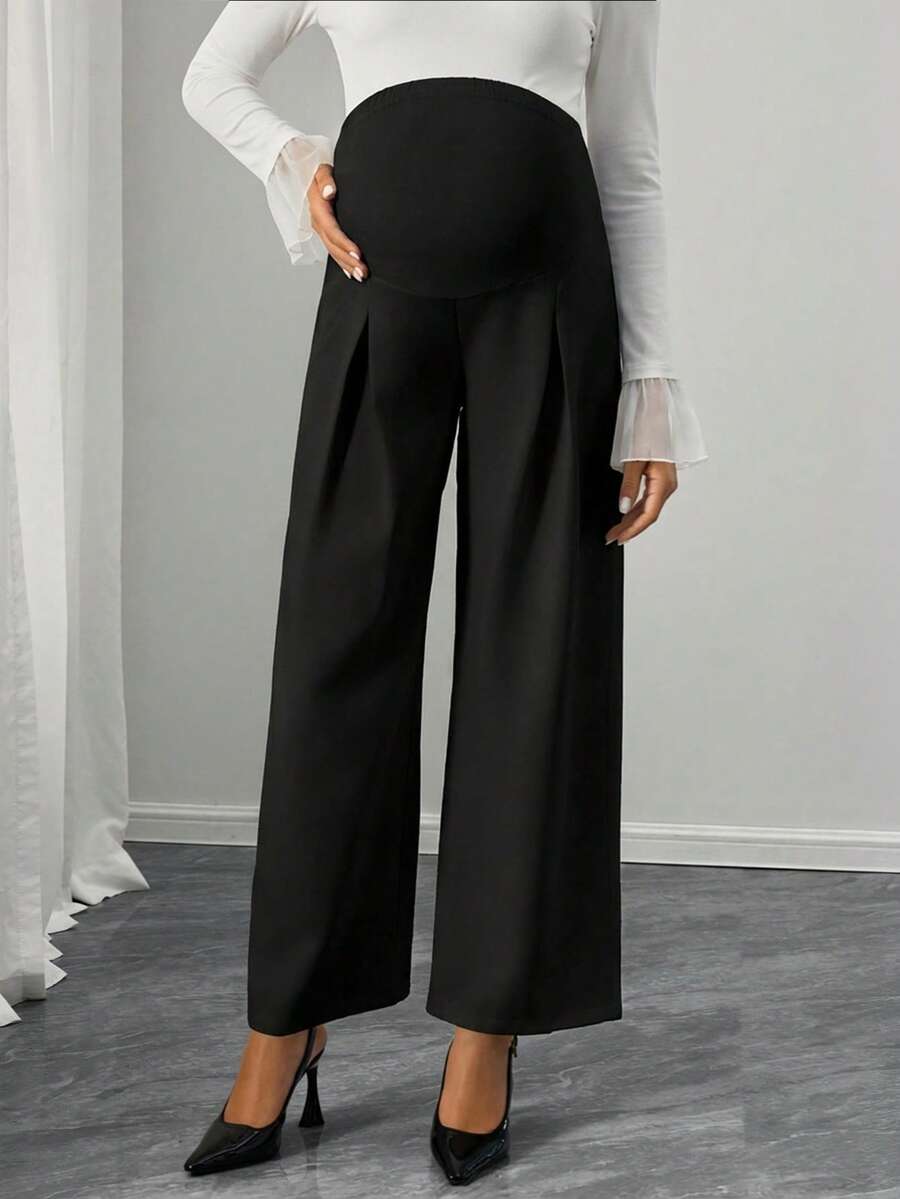 Maternity Straight Leg Pants - Adjustable Natural Waist, Loose Fit, Elegant, Black