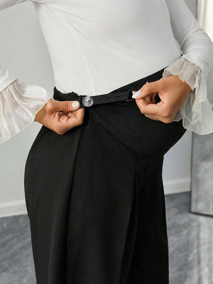 Maternity Straight Leg Pants - Adjustable Natural Waist, Loose Fit, Elegant, Black