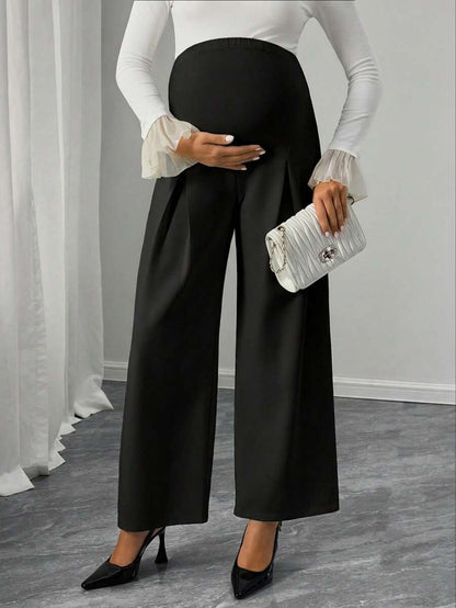 Maternity Straight Leg Pants - Adjustable Natural Waist, Loose Fit, Elegant, Black