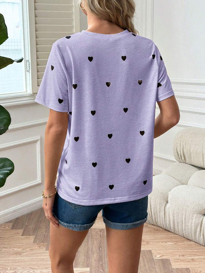 Apricot Heart Print Short Sleeve Maternity T-Shirt - Casual Round Neck Knitted Summer Top for Daily Wear and Valentine's Day