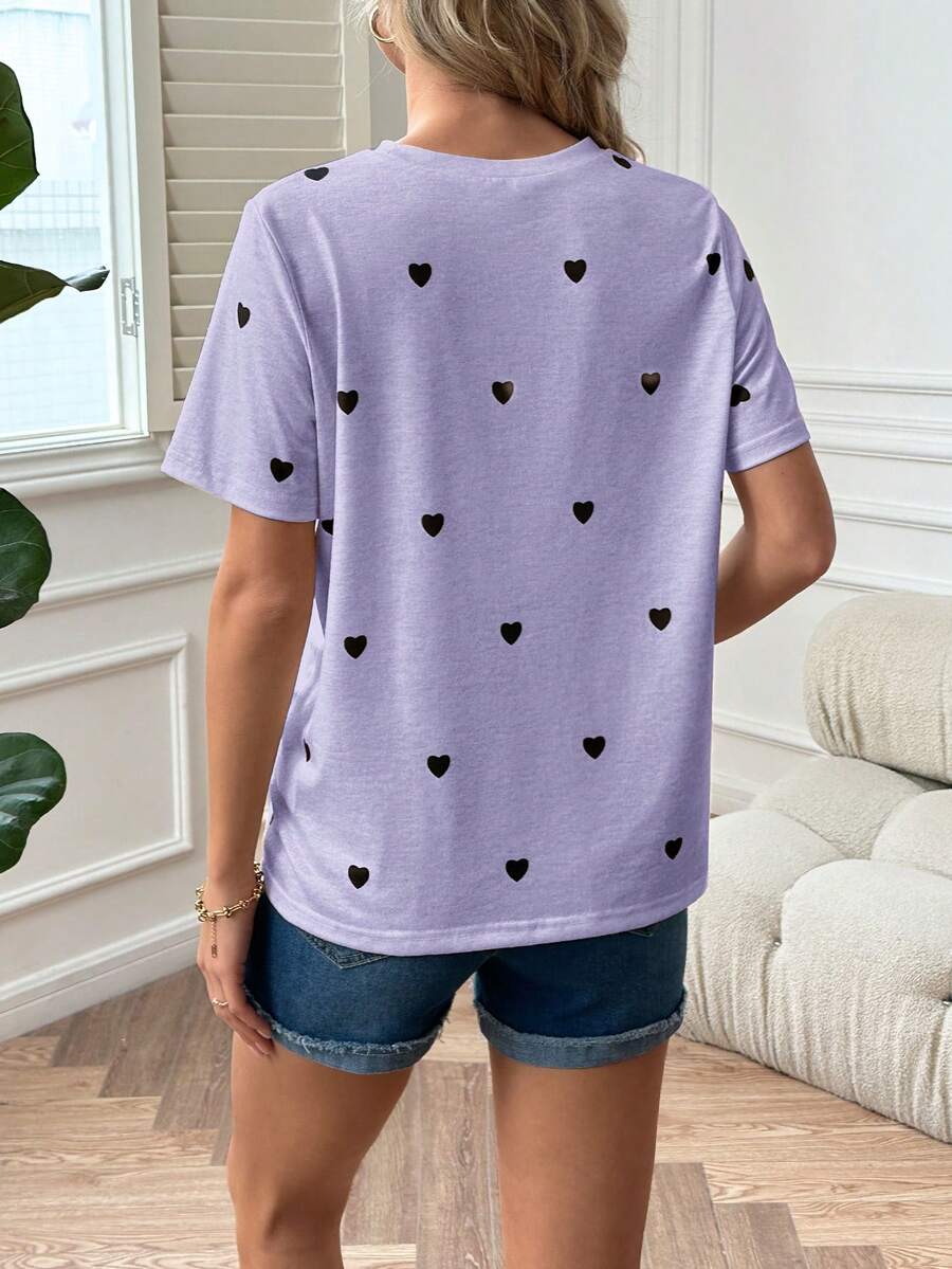 Maternity Heart Print Short Sleeve Round Neck T-Shirt White Knit Casual Summer Top for Valentine's Day and Daily Wear