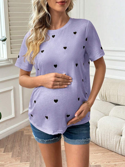 Apricot Heart Print Short Sleeve Maternity T-Shirt - Casual Round Neck Knitted Summer Top for Daily Wear and Valentine's Day