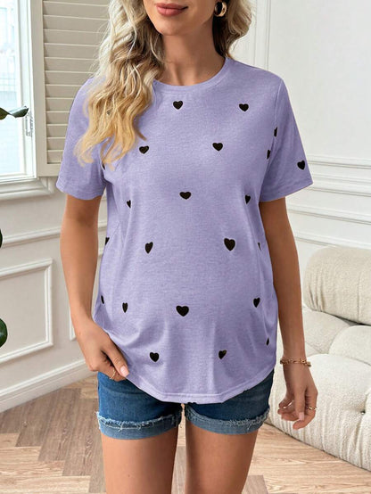Apricot Heart Print Short Sleeve Maternity T-Shirt - Casual Round Neck Knitted Summer Top for Daily Wear and Valentine's Day