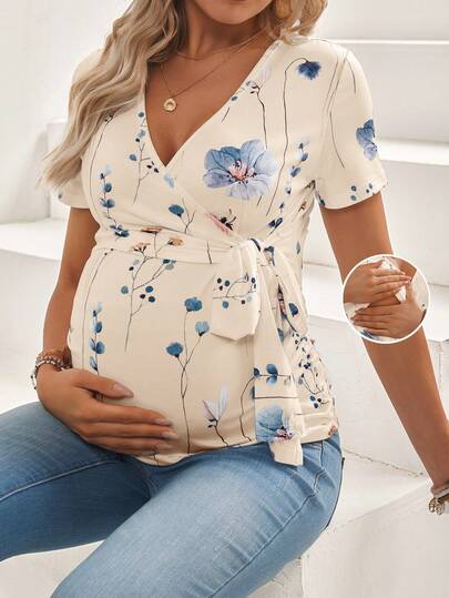 Maternity V-Neck Floral Print Breastfeeding Friendly Short Sleeve T-Shirt, Slim Fit High Stretch Knit Casual Summer Maternity Top