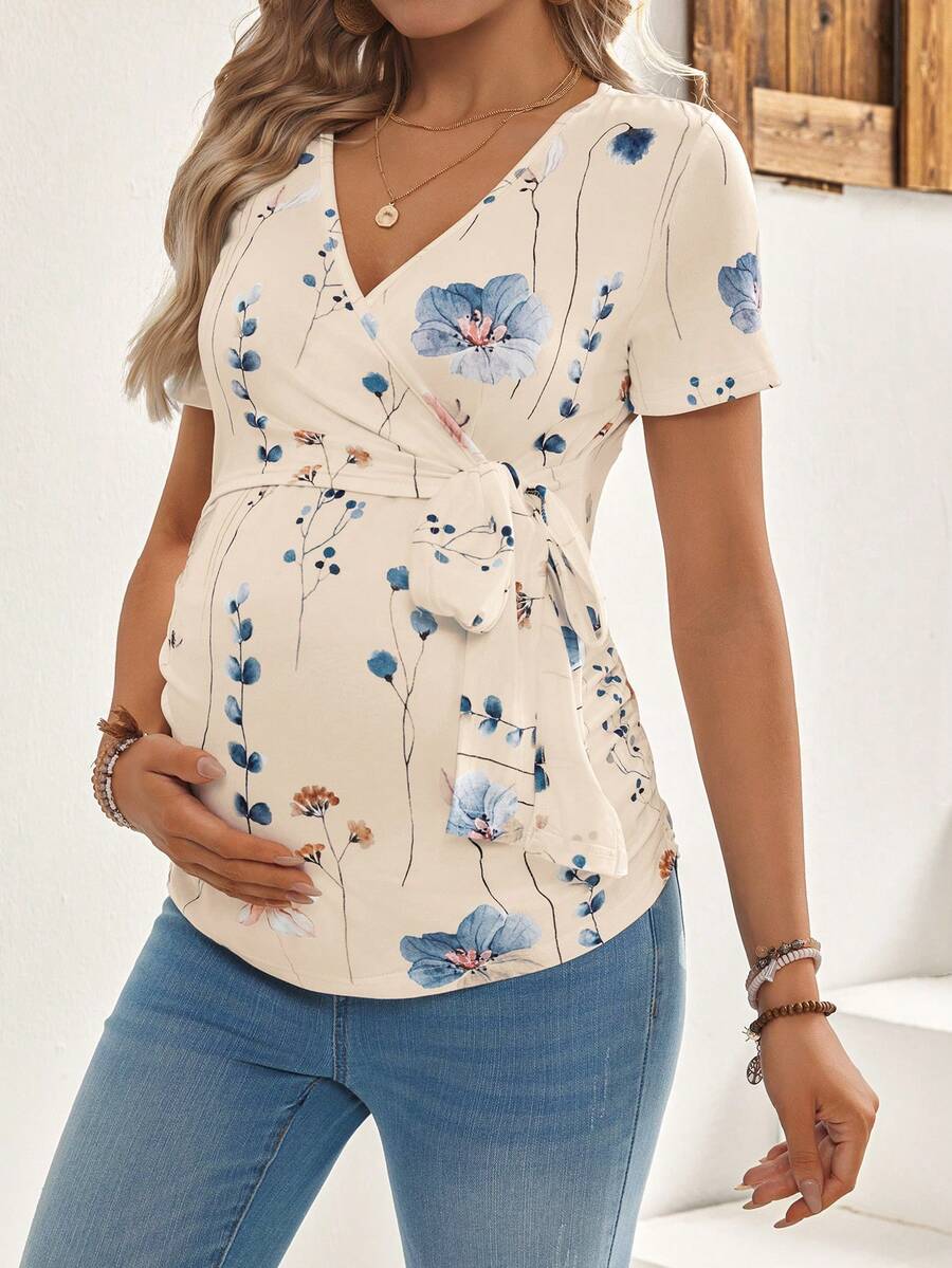 Maternity V-Neck Floral Print Breastfeeding Friendly Short Sleeve T-Shirt, Slim Fit High Stretch Knit Casual Summer Maternity Top