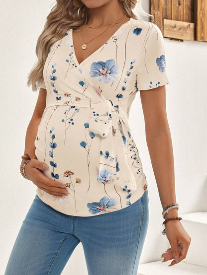 Maternity V-Neck Short Sleeve T-Shirt, Fashionable For Summer