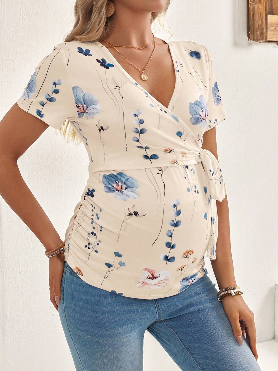 Maternity Floral Print V-Neck Short Sleeve Knot Front T-Shirt Slim Fit Stretchy Knit Top for Casual Daily Wear