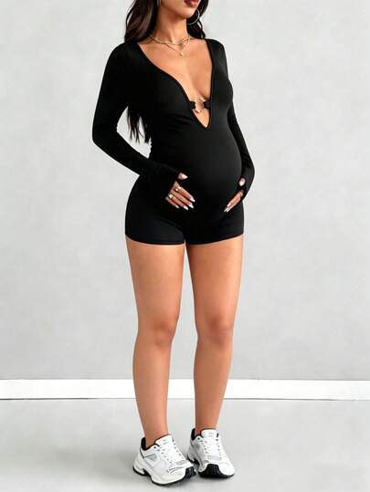 Black Maternity Short Sleeve Jumpsuit – Tight Casual Sport Romper