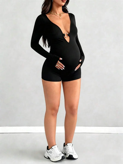 Black Maternity Short Sleeve Jumpsuit – Tight Casual Sport Romper