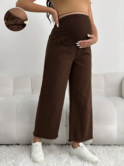 Maternity Denim Pants - Loose Fit, Elastic Waist, Cropped, White