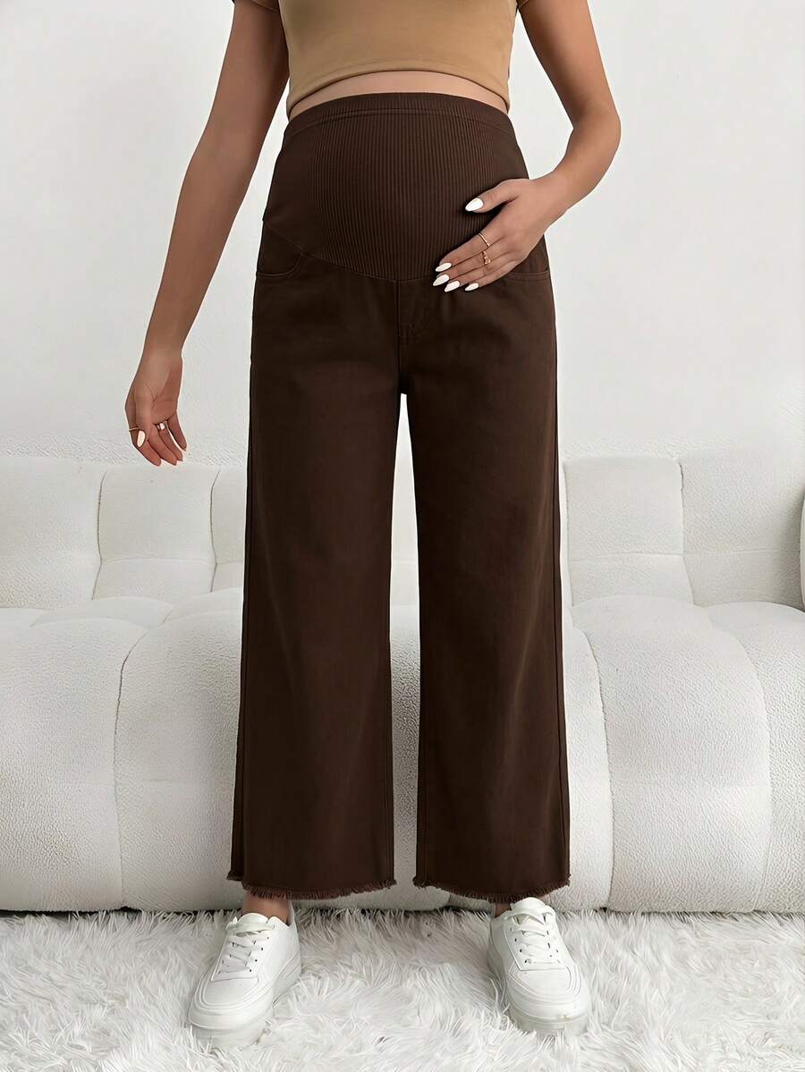 Maternity Denim Pants - Loose Fit, Elastic Waist, Cropped, White