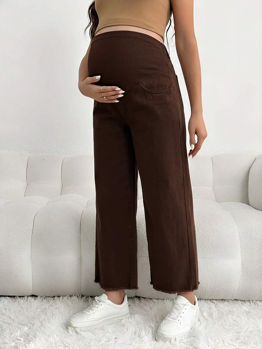 Maternity Denim Pants - Loose Fit, Elastic Waist, Cropped, White