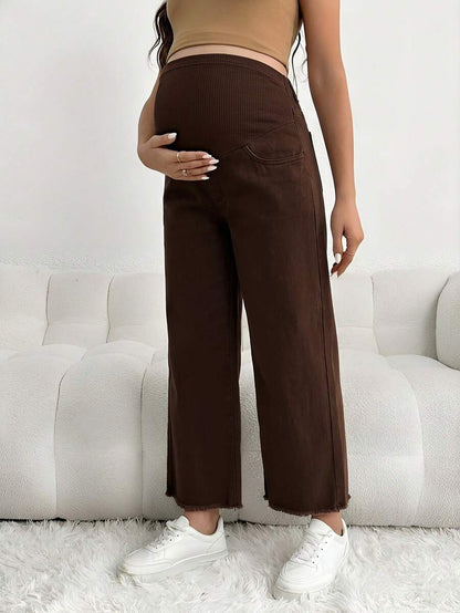 Maternity Denim Pants - Loose Fit, Elastic Waist, Cropped, White