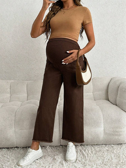 Maternity Denim Pants - Loose Fit, Elastic Waist, Cropped, White