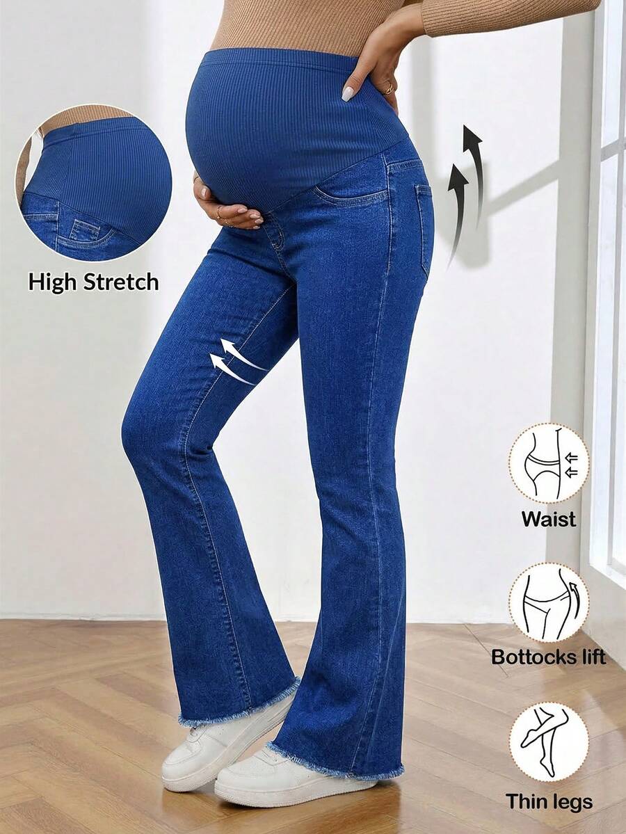 Royal Blue Maternity Flare Jeans – High-Stretch Supportive Elastic Waist Bell Bottoms for Work, Holiday, & Y2K Chic Streetwear