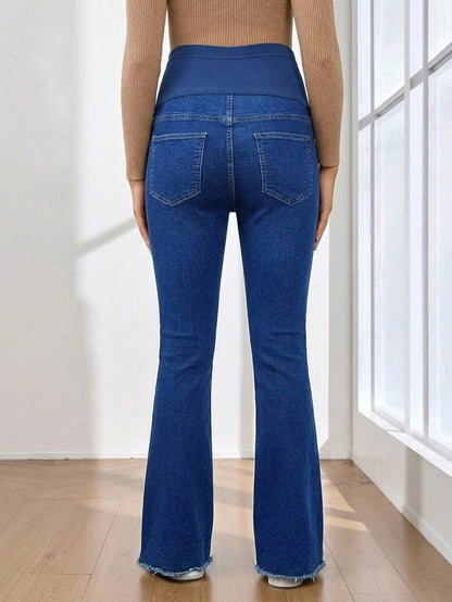 Royal Blue Maternity Flare Jeans – High-Stretch Supportive Elastic Waist Bell Bottoms for Work, Holiday, & Y2K Chic Streetwear