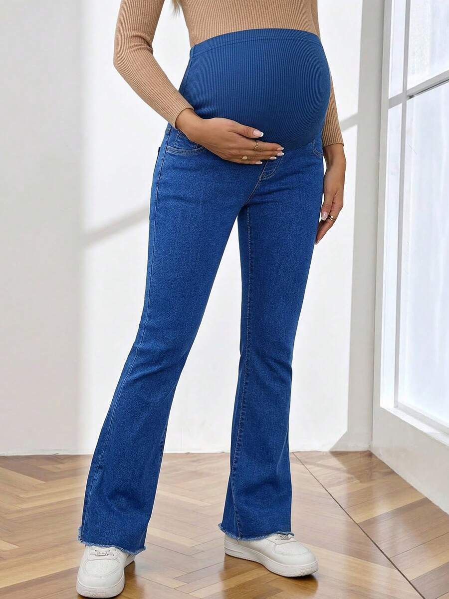 Royal Blue Maternity Flare Jeans – High-Stretch Supportive Elastic Waist Bell Bottoms for Work, Holiday, & Y2K Chic Streetwear